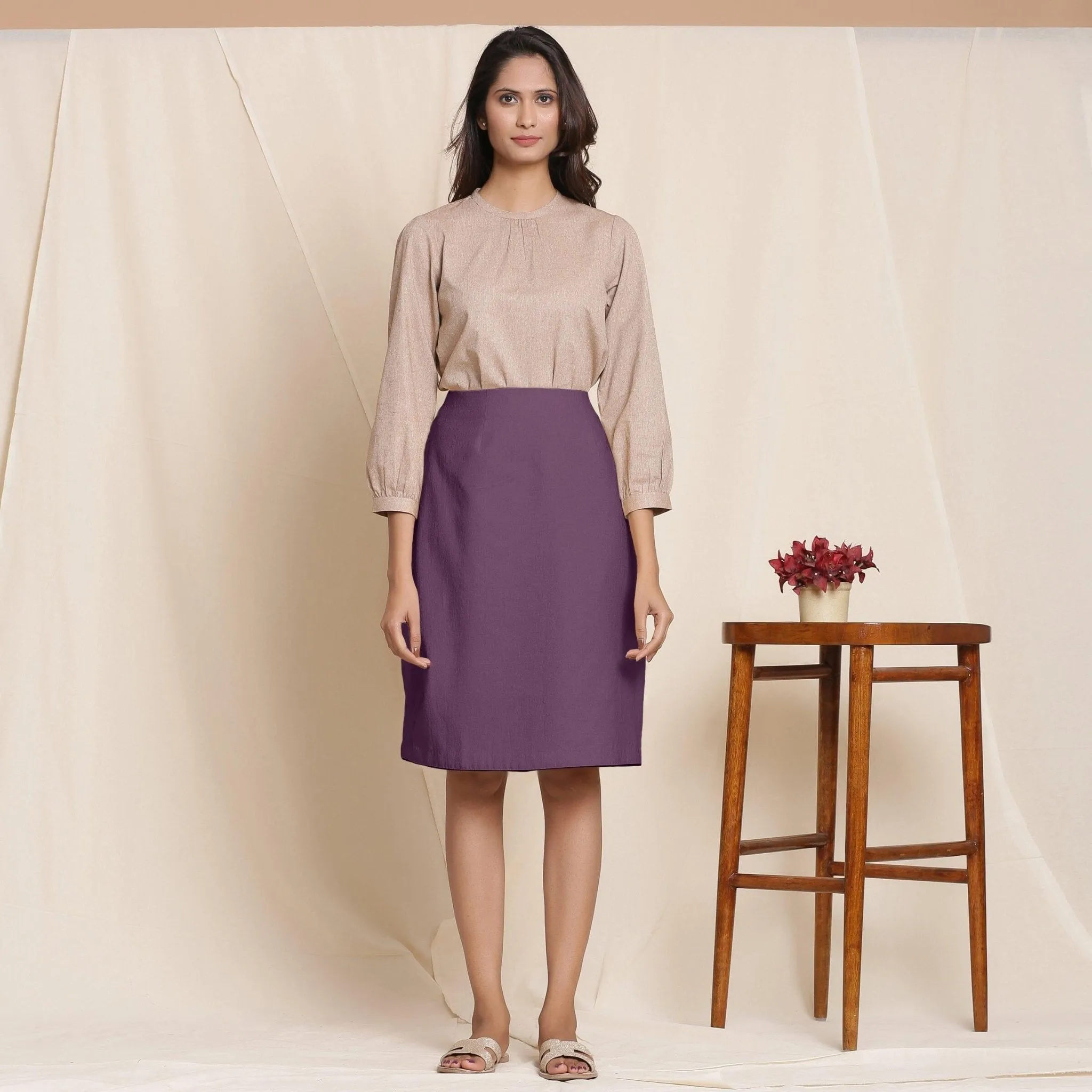 Wine Warm Cotton Flannel Knee-Length Pencil Skirt