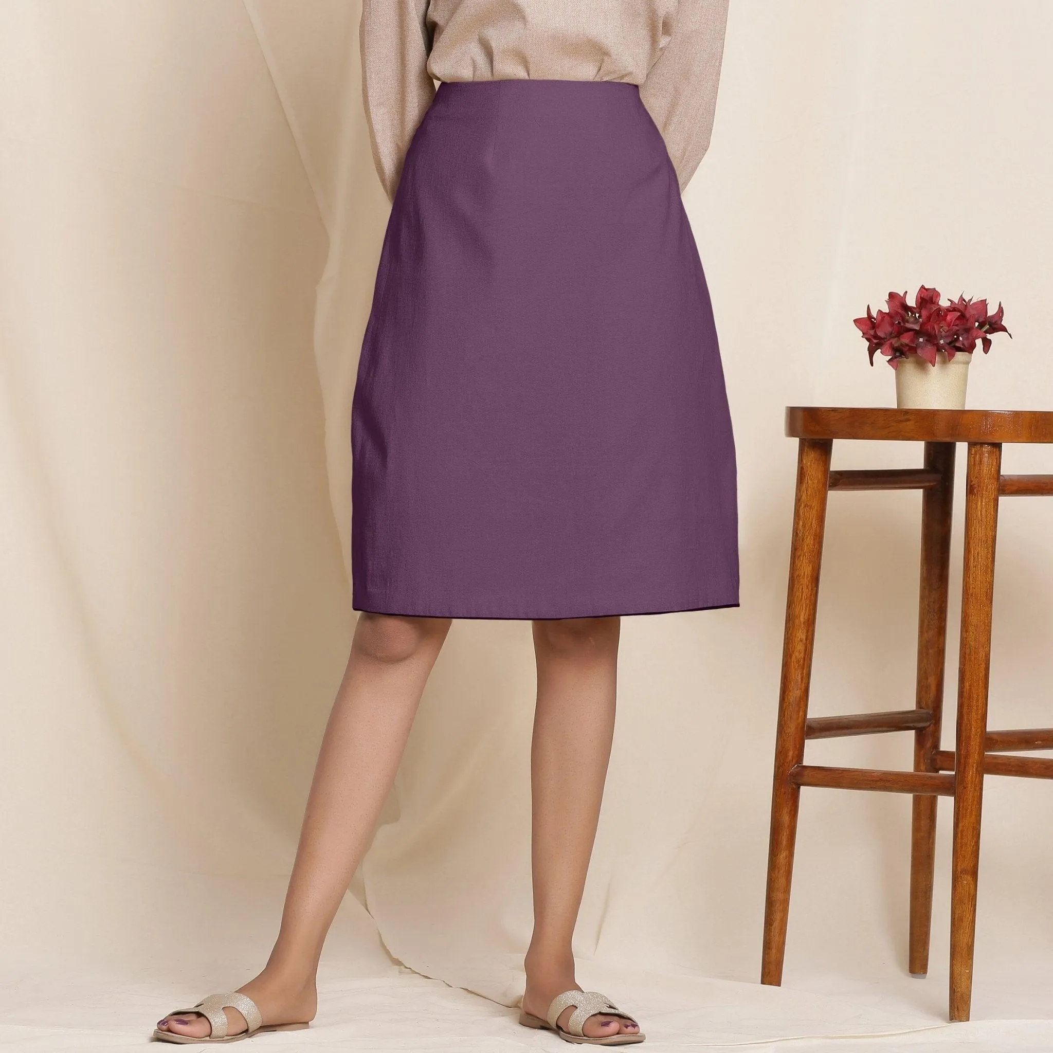 Wine Warm Cotton Flannel Knee-Length Pencil Skirt