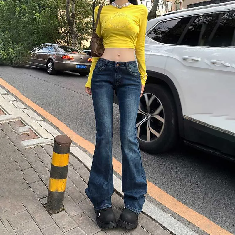 Wjczt 2000s fashion American Retro Low Waist Hot Girl Flared Pants Slim Slimming Stretch Jeans Women's Autumn and Winter Trousers Lengthened