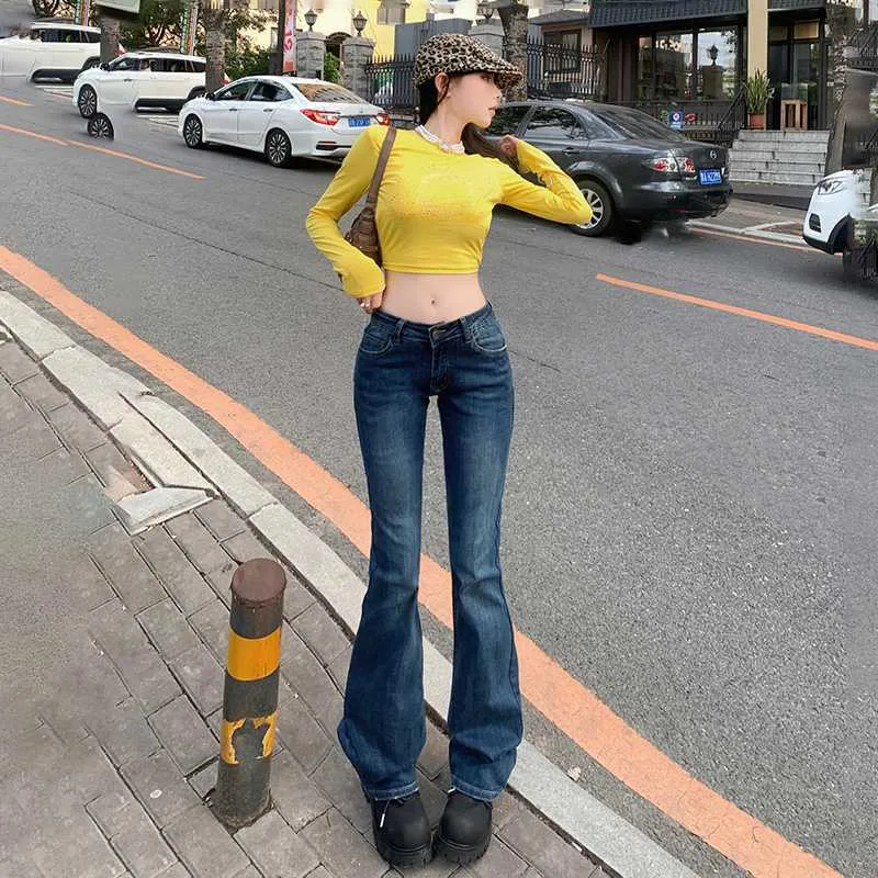 Wjczt 2000s fashion American Retro Low Waist Hot Girl Flared Pants Slim Slimming Stretch Jeans Women's Autumn and Winter Trousers Lengthened