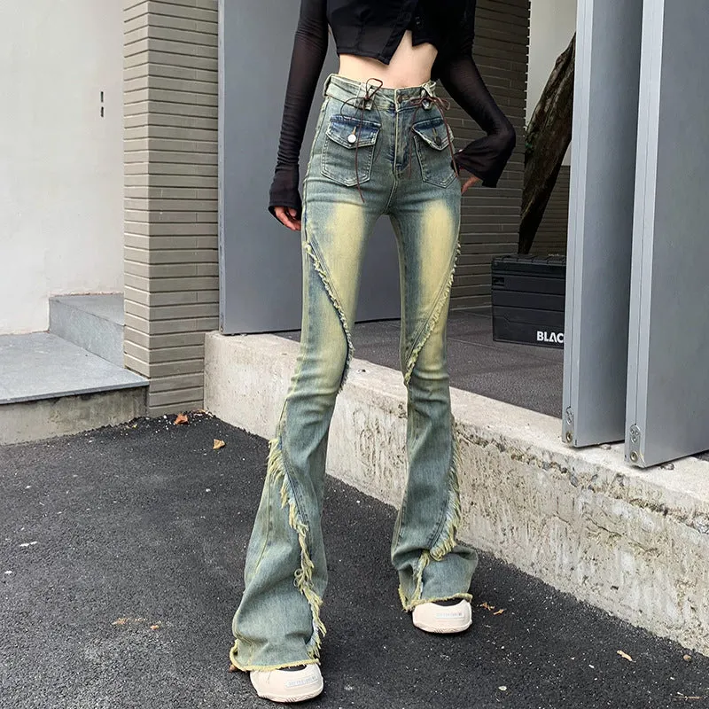 Wjczt concert outfit ideas American-Style Retro Frayed Lace-up Micro-Pull Denim Trousers Women's New Hot Girl High Waist Stretch Flared Pants