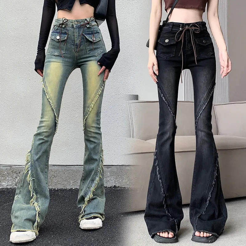 Wjczt concert outfit ideas American-Style Retro Frayed Lace-up Micro-Pull Denim Trousers Women's New Hot Girl High Waist Stretch Flared Pants