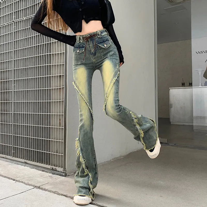 Wjczt concert outfit ideas American-Style Retro Frayed Lace-up Micro-Pull Denim Trousers Women's New Hot Girl High Waist Stretch Flared Pants