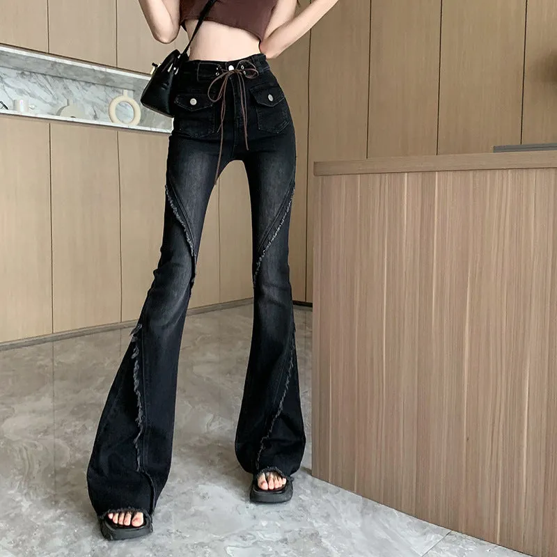 Wjczt concert outfit ideas American-Style Retro Frayed Lace-up Micro-Pull Denim Trousers Women's New Hot Girl High Waist Stretch Flared Pants