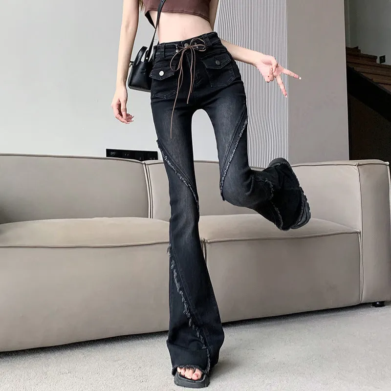 Wjczt concert outfit ideas American-Style Retro Frayed Lace-up Micro-Pull Denim Trousers Women's New Hot Girl High Waist Stretch Flared Pants