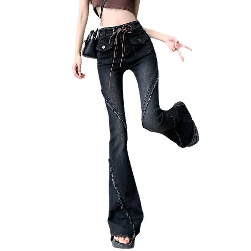 Wjczt concert outfit ideas American-Style Retro Frayed Lace-up Micro-Pull Denim Trousers Women's New Hot Girl High Waist Stretch Flared Pants