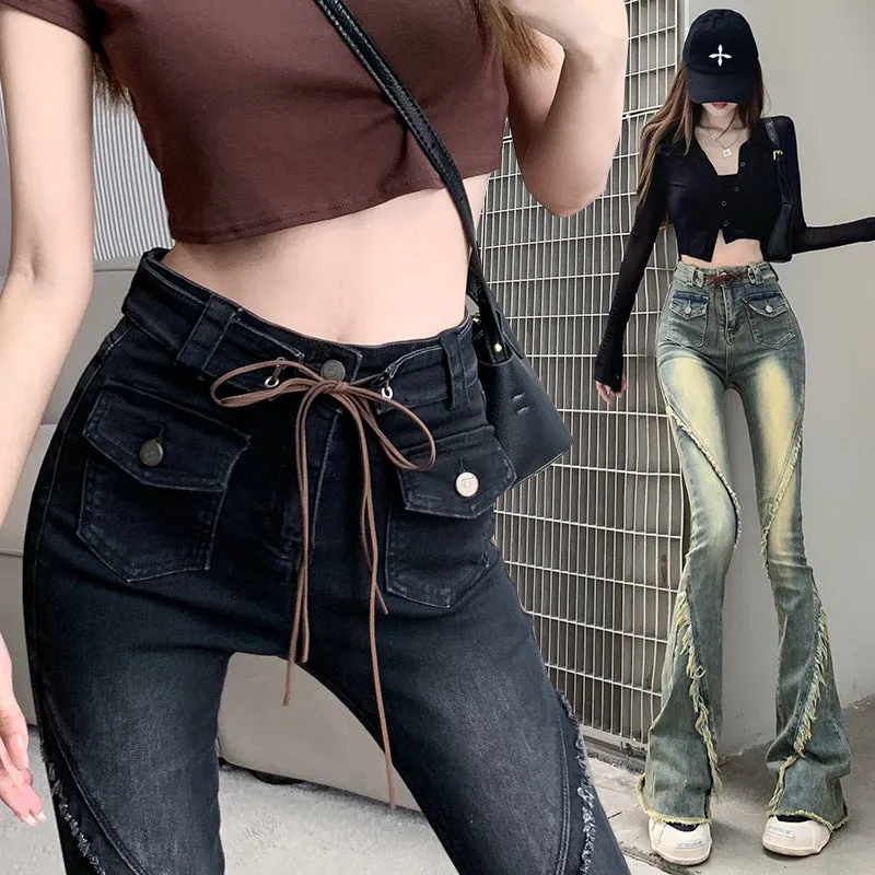 Wjczt concert outfit ideas American-Style Retro Frayed Lace-up Micro-Pull Denim Trousers Women's New Hot Girl High Waist Stretch Flared Pants