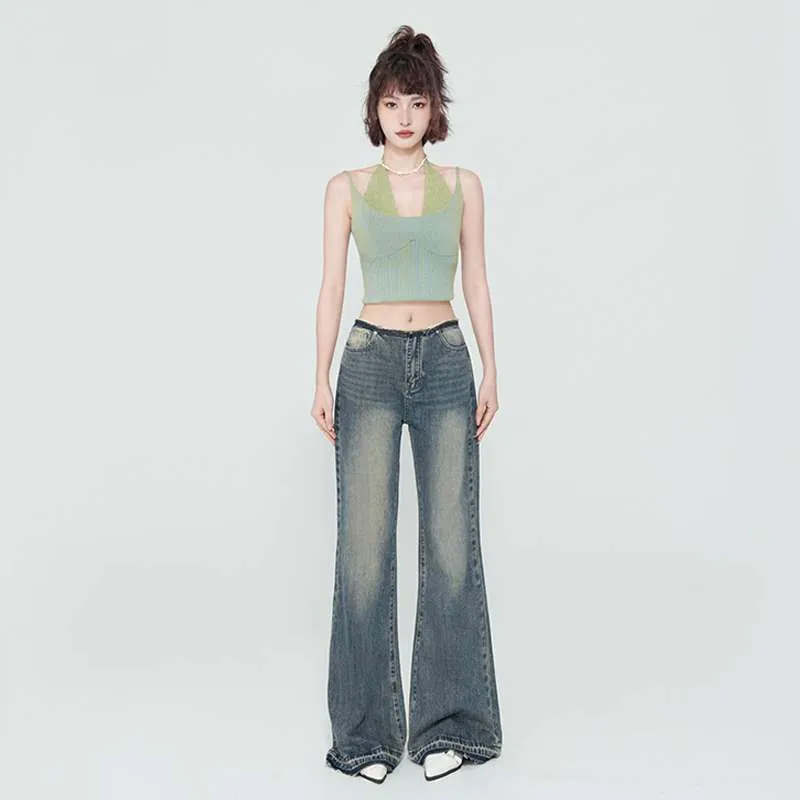 Wjczt outfit inspo Spring New American Retro Hot Girl Mid-Low Waist Frayed Flared Jeans for Women