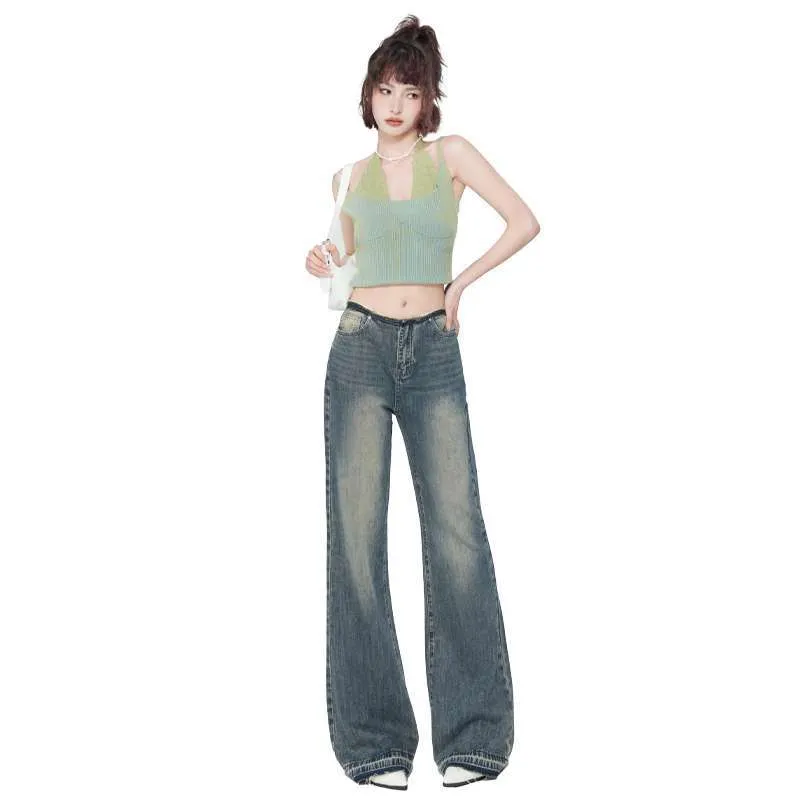 Wjczt outfit inspo Spring New American Retro Hot Girl Mid-Low Waist Frayed Flared Jeans for Women