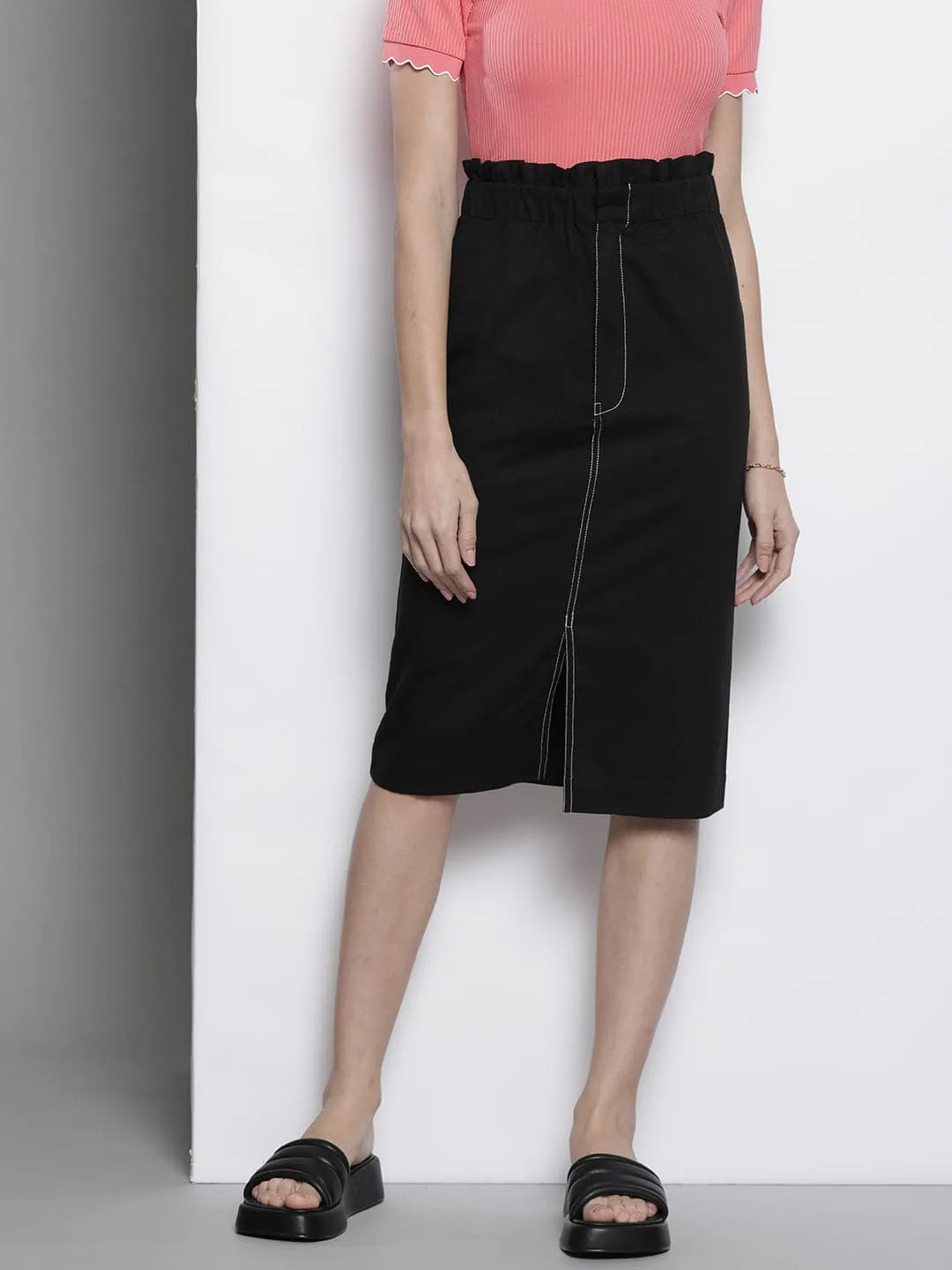 Women Black Contrast Stitch Twill Pencil Skirt