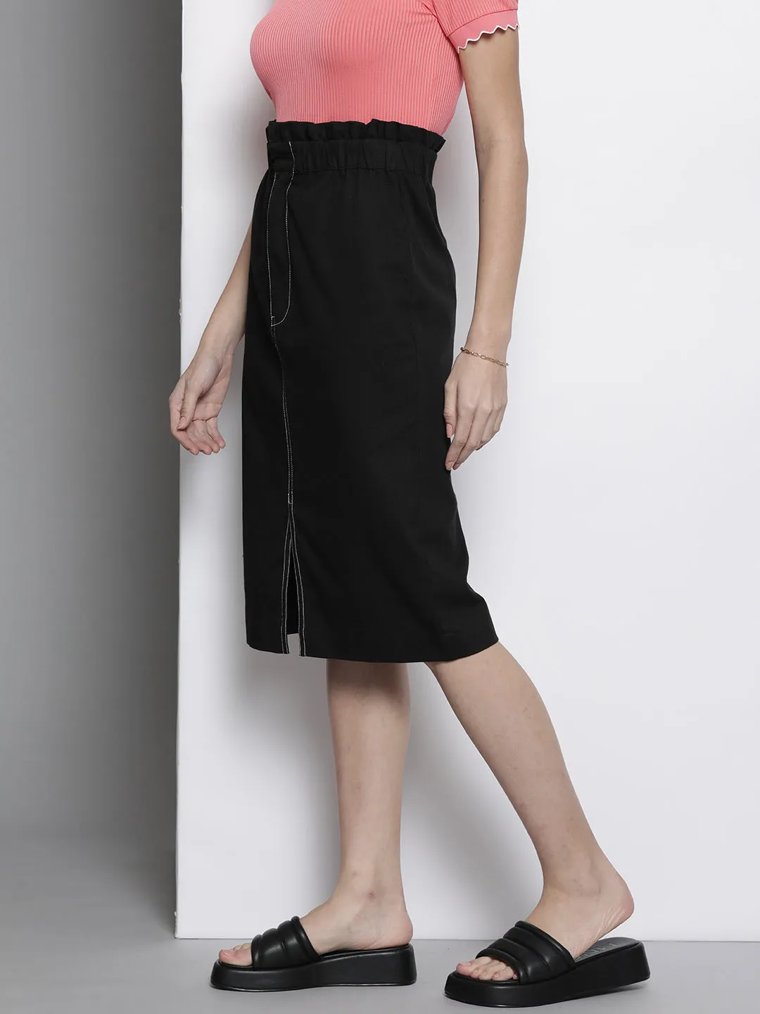 Women Black Contrast Stitch Twill Pencil Skirt