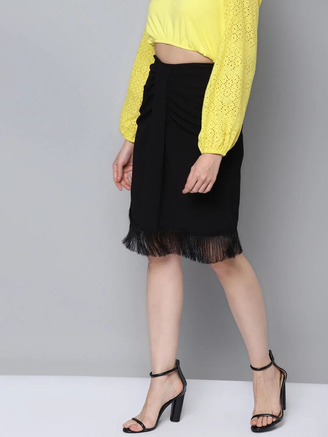 Women Black Fringe Lace Skirt