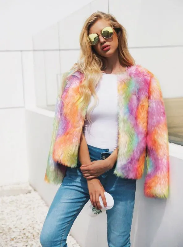 Women Color Faux Fur Coat Faux Fur Mixed Color