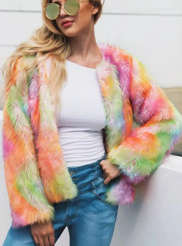 Women Color Faux Fur Coat Faux Fur Mixed Color