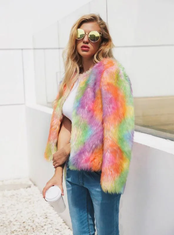 Women Color Faux Fur Coat Faux Fur Mixed Color