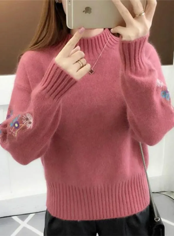 Women Embroidery Turtleneck Sweater Long Sleeve Knit