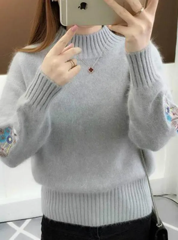 Women Embroidery Turtleneck Sweater Long Sleeve Knit