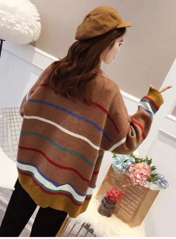 Women Loose Sweater Long Stripe Knit Cardigan