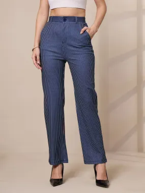 Women Navy Striped Straight Fit Trousers