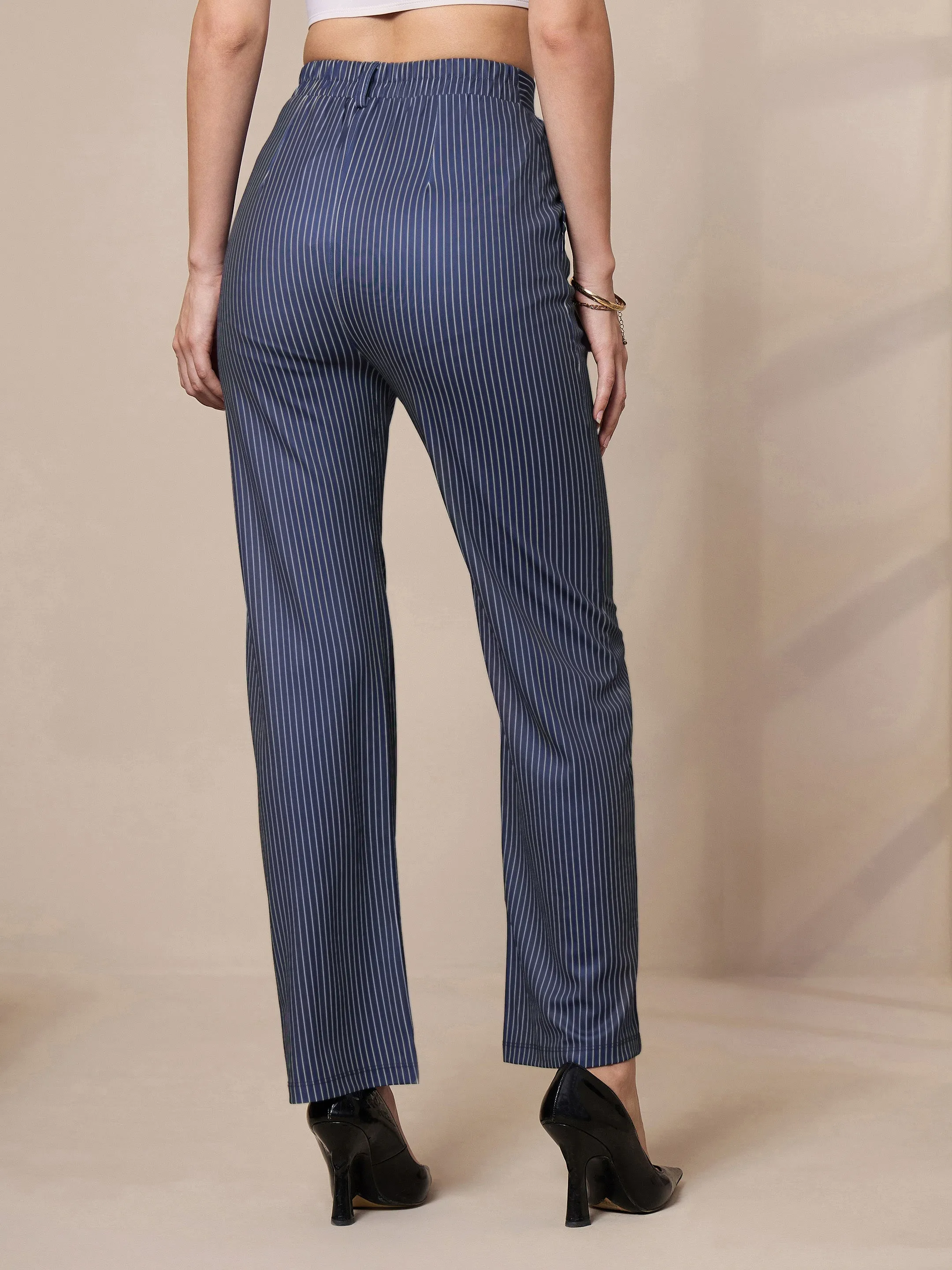 Women Navy Striped Straight Fit Trousers