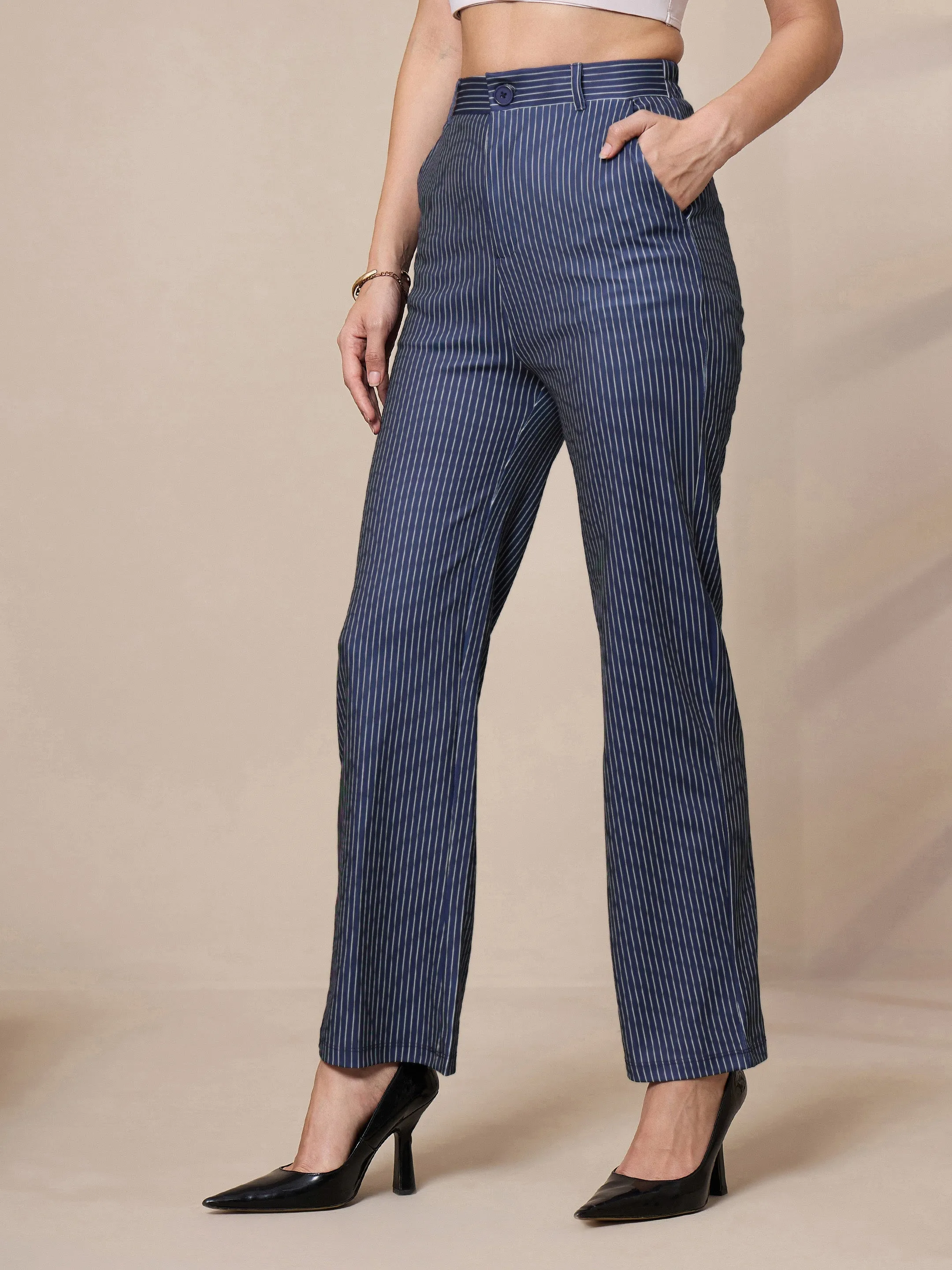 Women Navy Striped Straight Fit Trousers