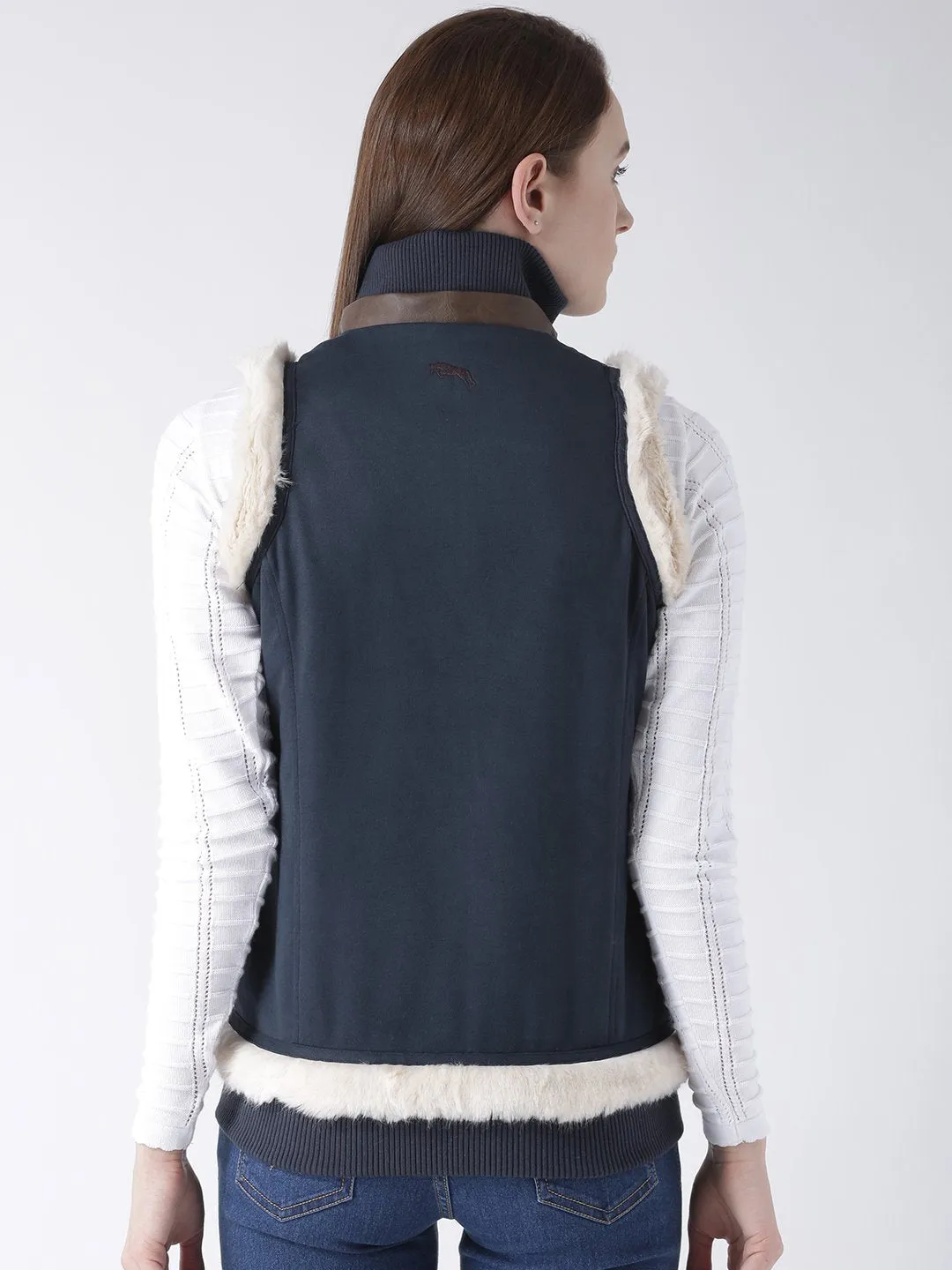 Women Polyster Casual Sleeveless  Navy Winter Jacket