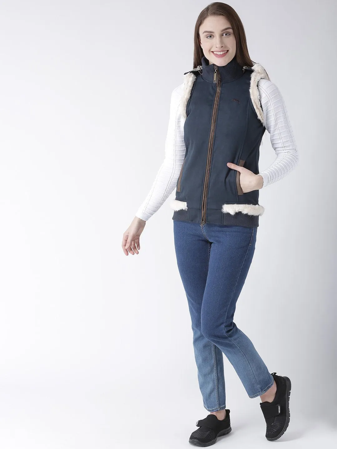 Women Polyster Casual Sleeveless  Navy Winter Jacket