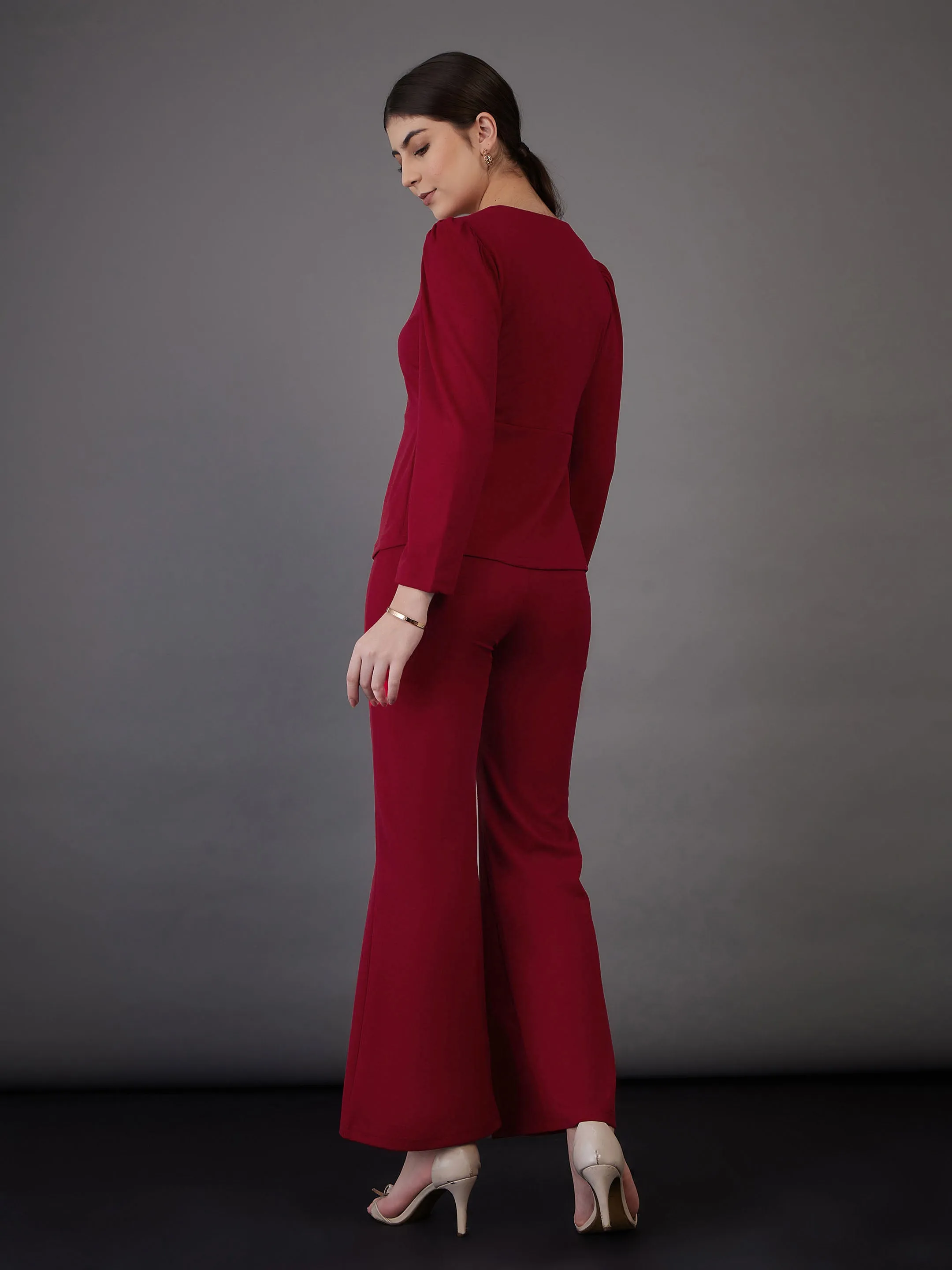 Women Red Peplum Top With Bell Bottom Pants