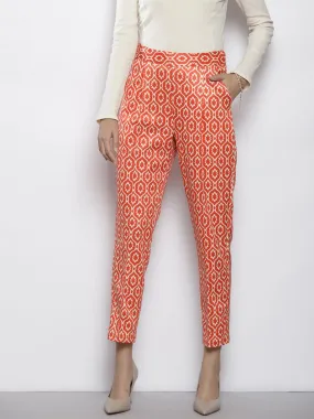 Women Rust Ethnic Motif Scuba Straight Pants