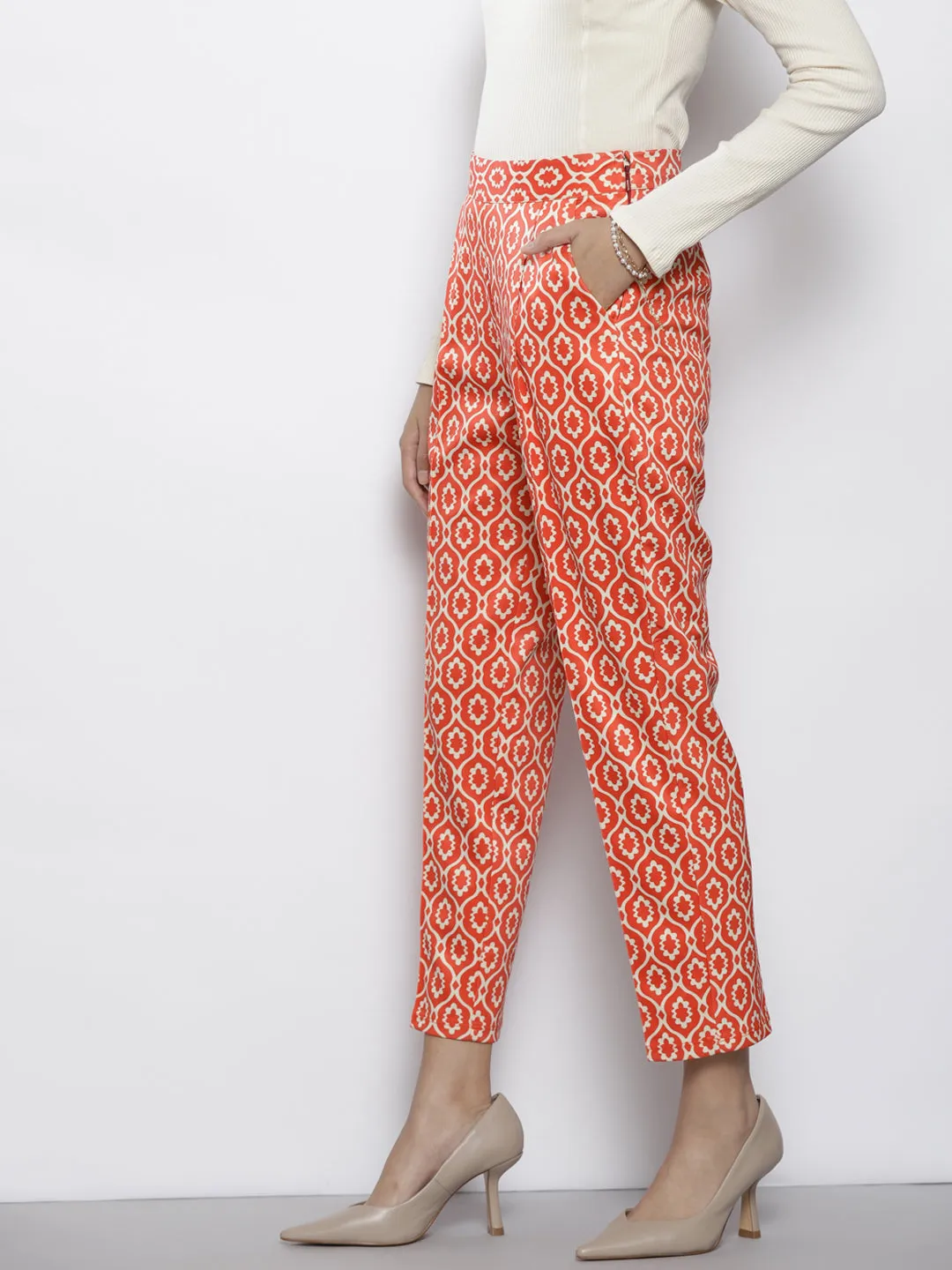 Women Rust Ethnic Motif Scuba Straight Pants