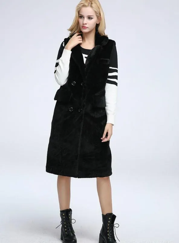 Women Sheep Shearling Coat Suit Lapel Wool Fur Waistcoat