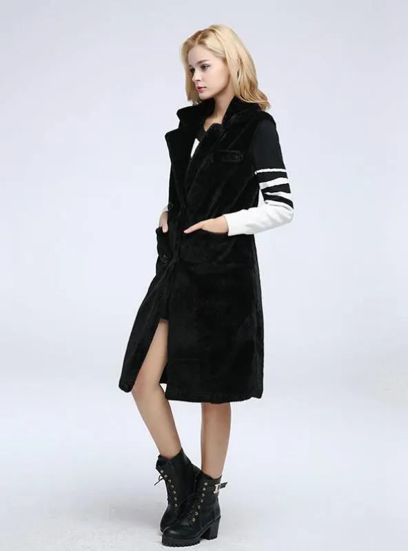 Women Sheep Shearling Coat Suit Lapel Wool Fur Waistcoat