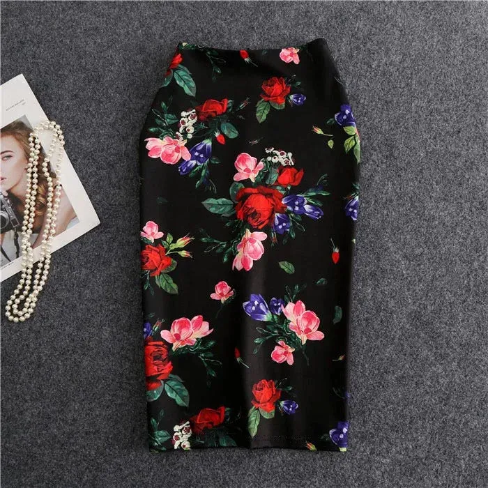 Women Skirts Sexy Print Flowers Pencil Skirt Casual Skirts Knee-Length  Faldas Mujer Moda Jupe Femme