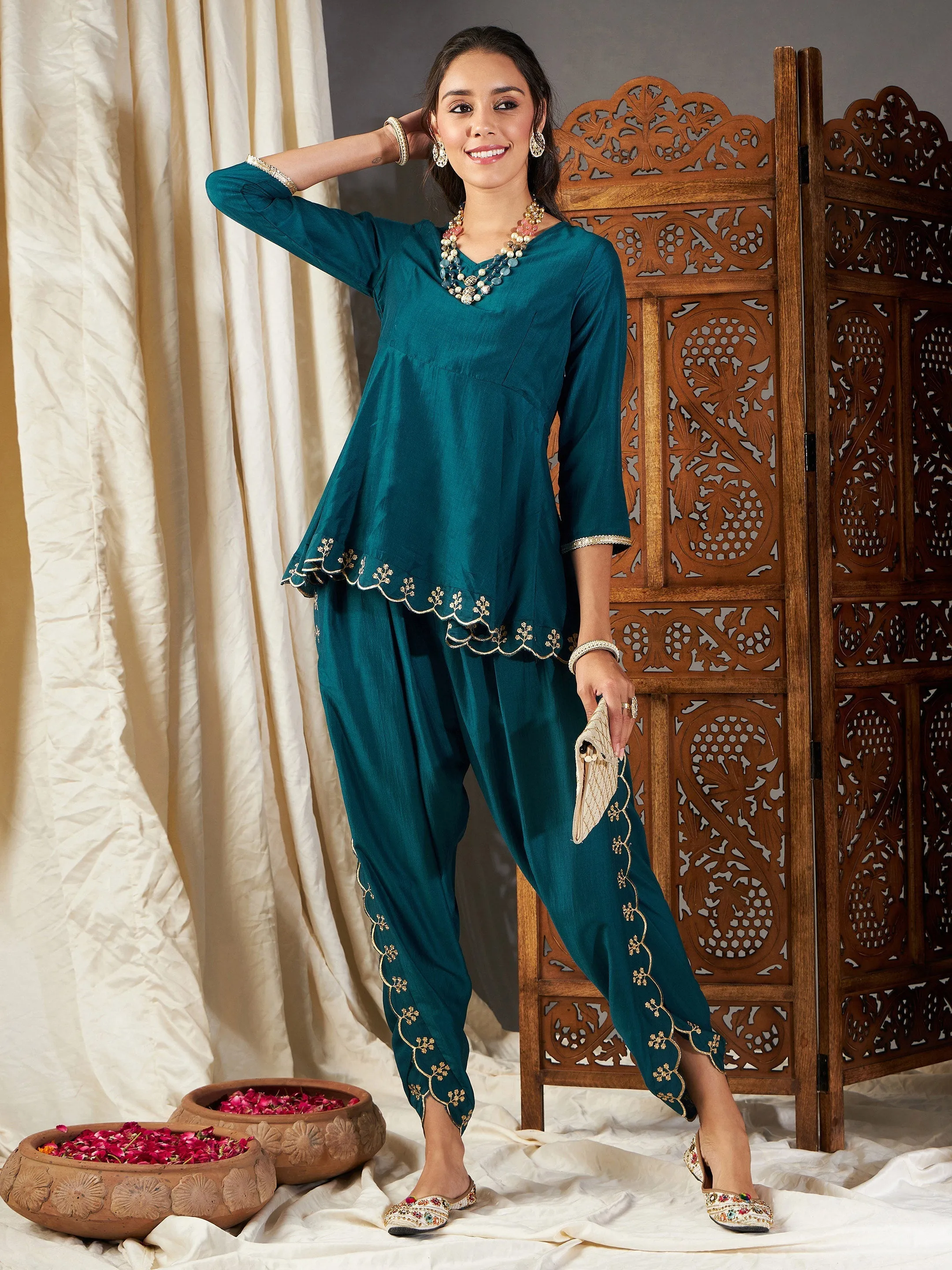 Women Teal Zari Embroidered Peplum Top With Dhoti Pants