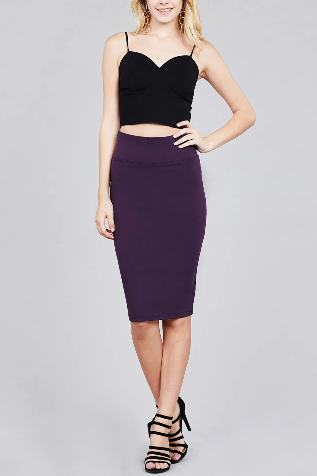 Women's Elastic Waist Stretch Slim Fit Midi Pencil Skirt (FWS1054)