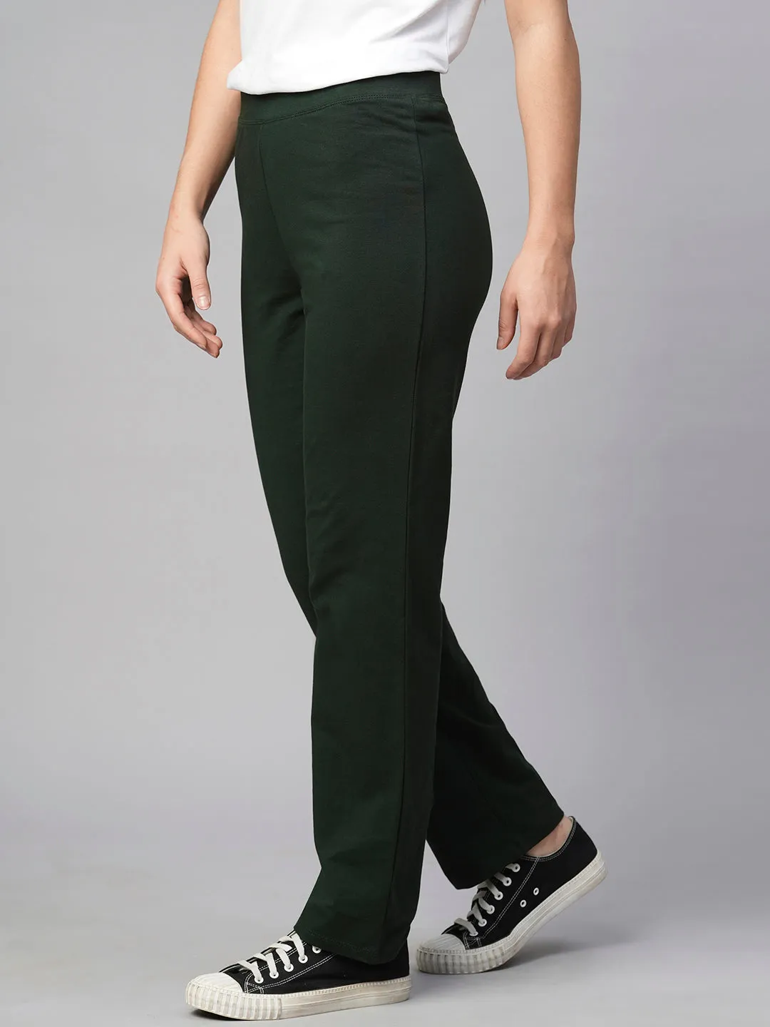 Women's Green Cotton Elastane Regular Fit Knit Pant