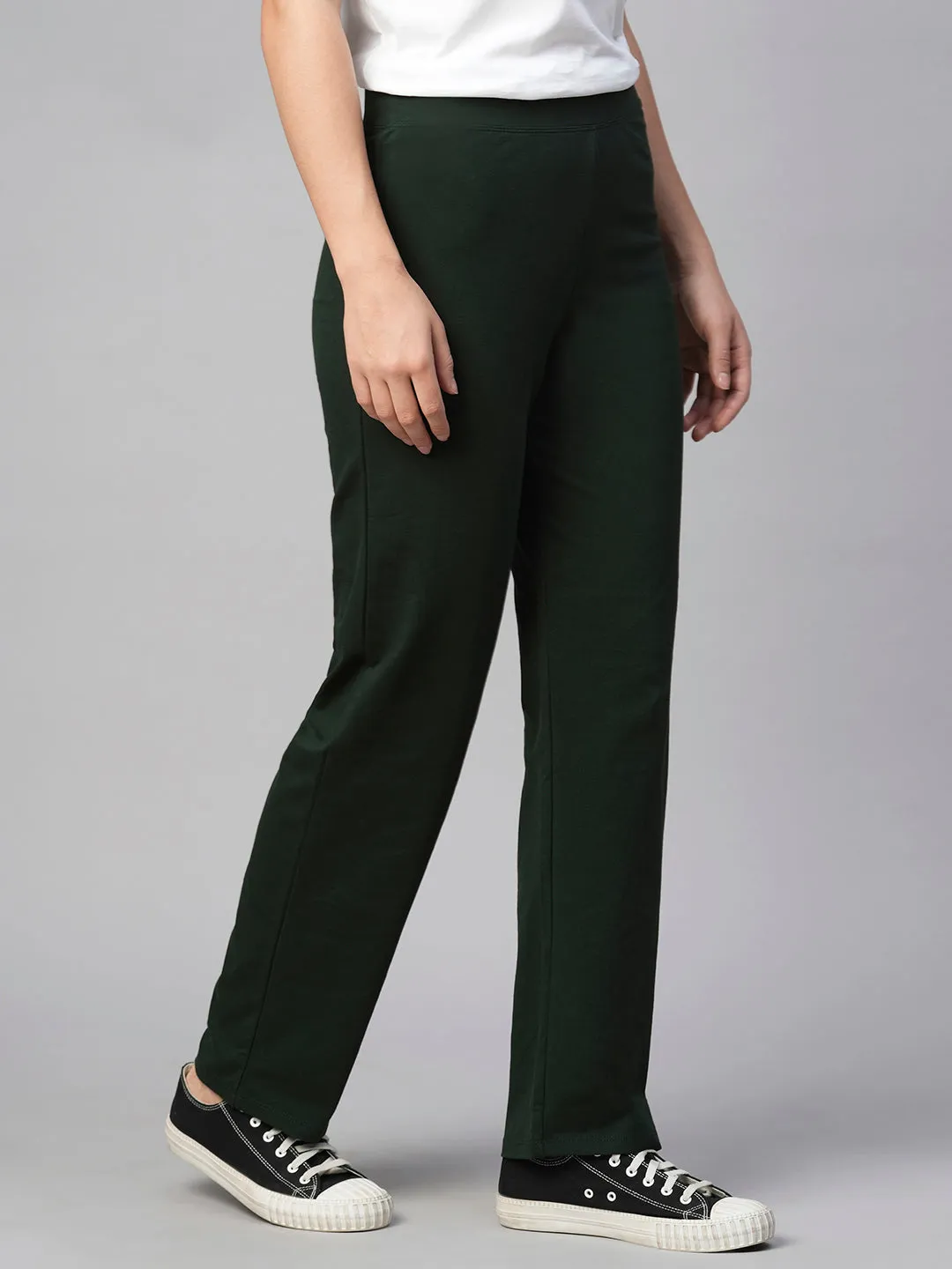 Women's Green Cotton Elastane Regular Fit Knit Pant