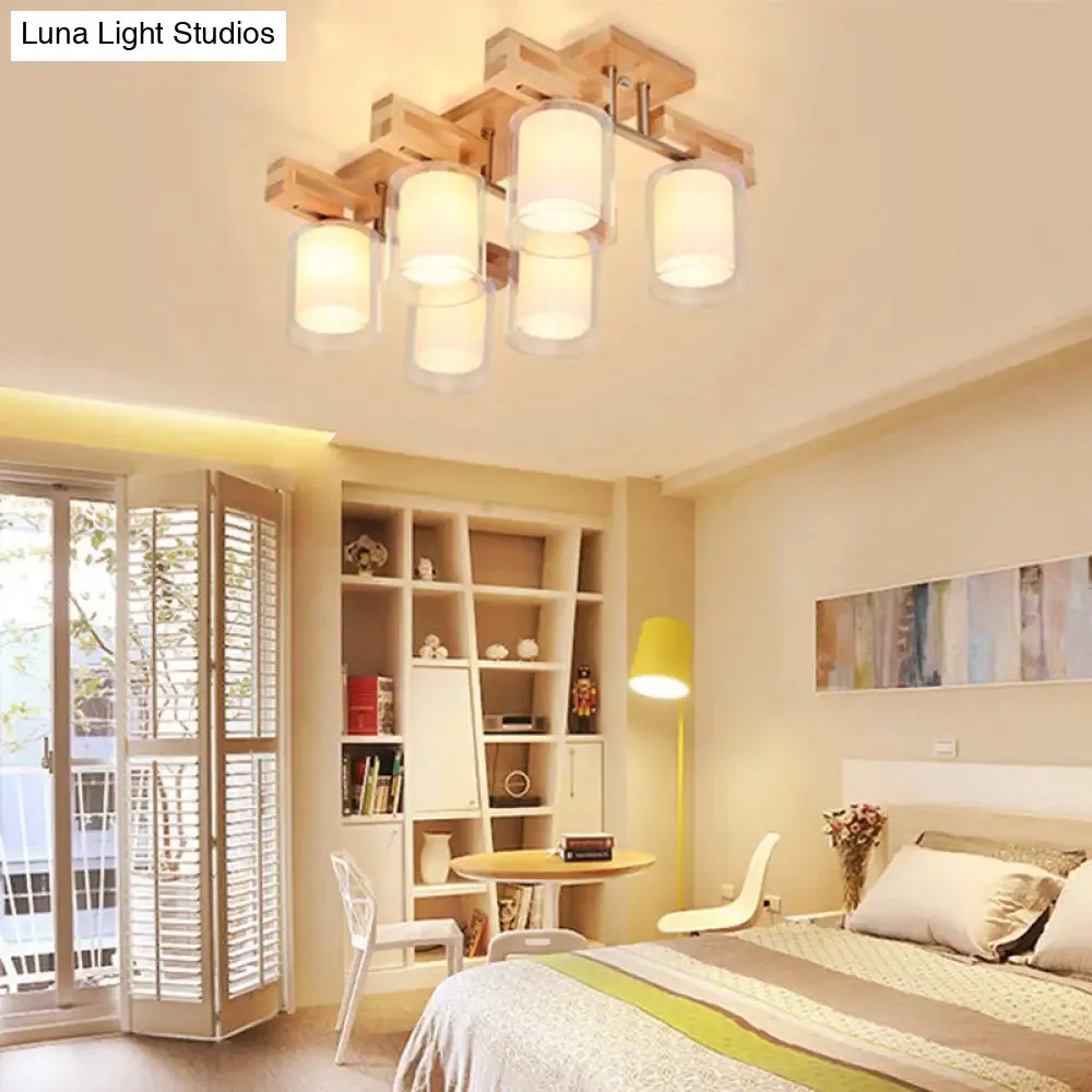 Wooden Double-Layer Glass Flush Mount Chandelier for Living Room Ceiling - Simplicity in Design