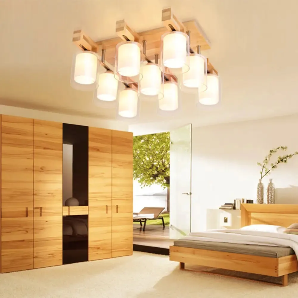 Wooden Double-Layer Glass Flush Mount Chandelier for Living Room Ceiling - Simplicity in Design