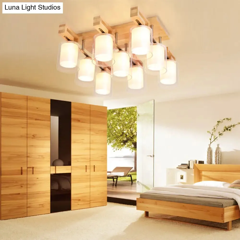 Wooden Double-Layer Glass Flush Mount Chandelier for Living Room Ceiling - Simplicity in Design