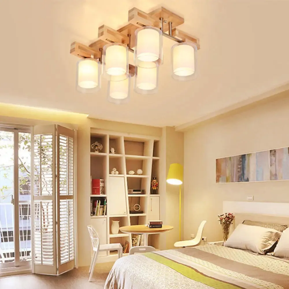 Wooden Double-Layer Glass Flush Mount Chandelier for Living Room Ceiling - Simplicity in Design