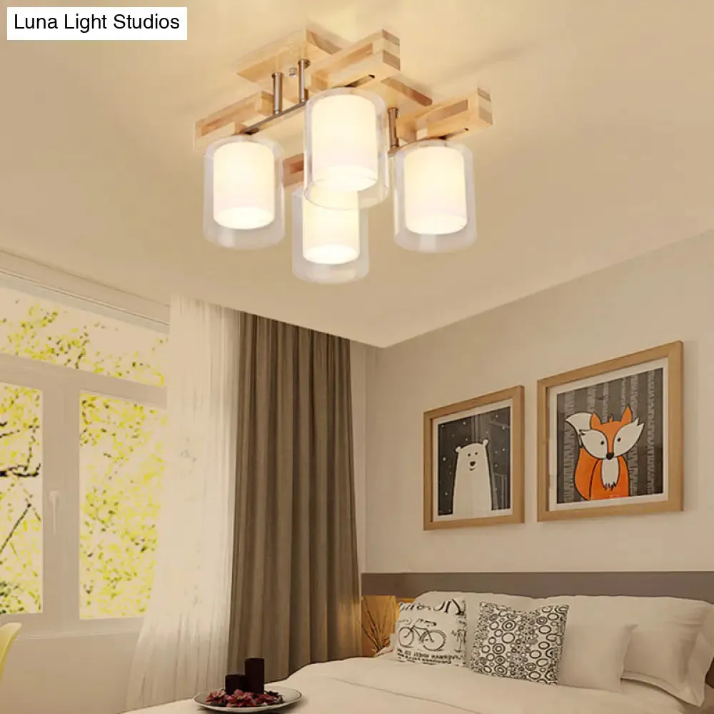 Wooden Double-Layer Glass Flush Mount Chandelier for Living Room Ceiling - Simplicity in Design