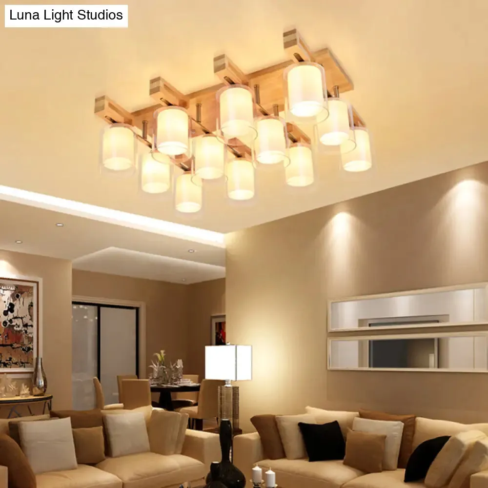 Wooden Double-Layer Glass Flush Mount Chandelier for Living Room Ceiling - Simplicity in Design