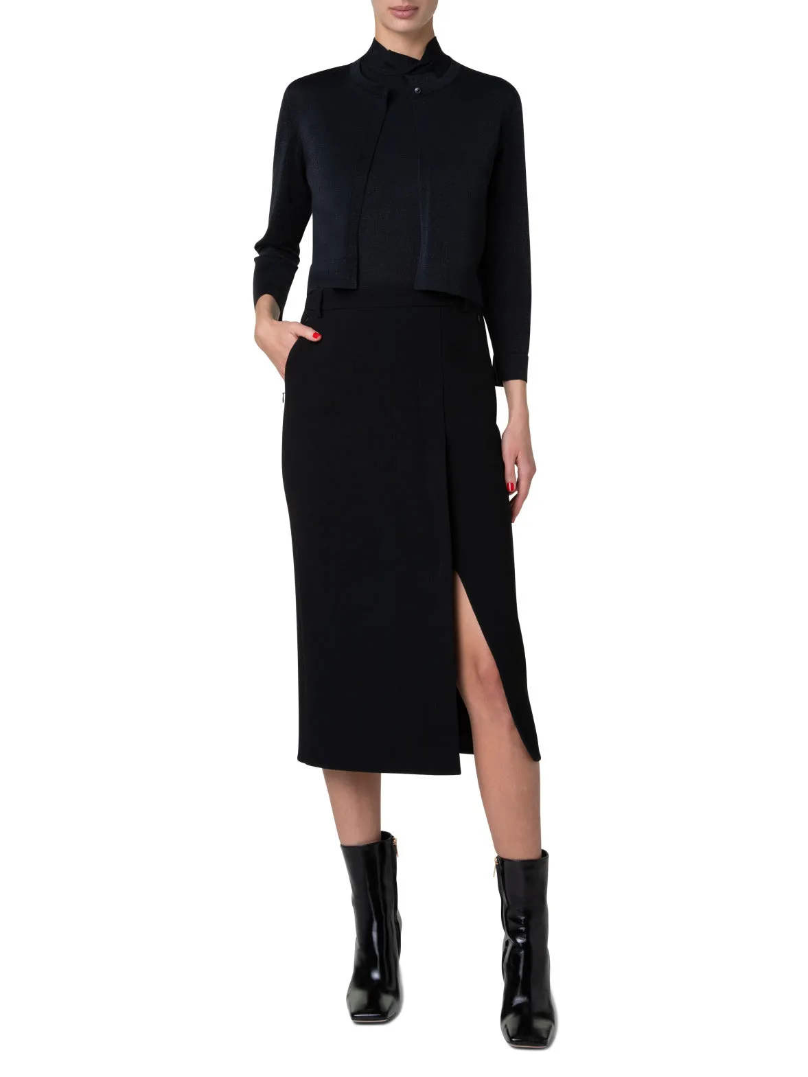 Wool Crêpe Pencil Skirt with Asymmetrical Slit