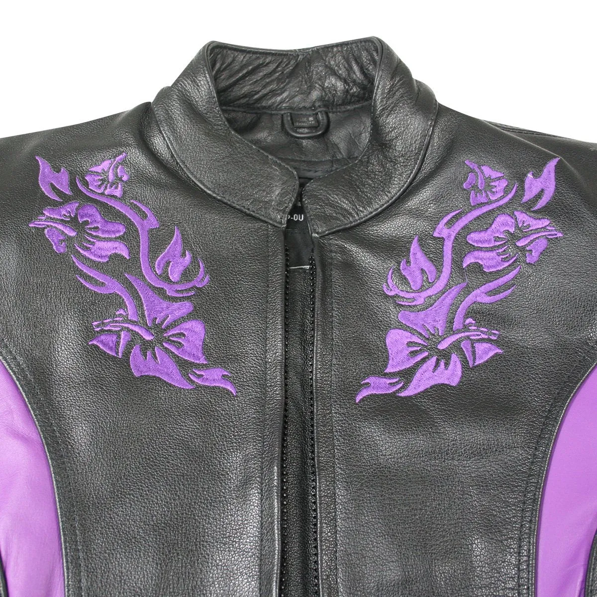 Xelement XS2027 Ladies 'Gemma' Black and Purple Leather Embroidered Jacket with X-Armor Protection