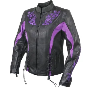 Xelement XS2027 Ladies 'Gemma' Black and Purple Leather Embroidered Jacket with X-Armor Protection