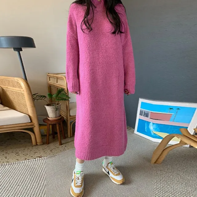 Yeknu Casual Loose Sweater Dress Winter Women Fashion Knitting Dresses Long Pullovers Korean Style Lady Warm Long Dress Oversize