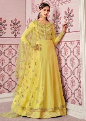 Yellow Art Silk Fabric Indian Embroidered Anarkali Suit