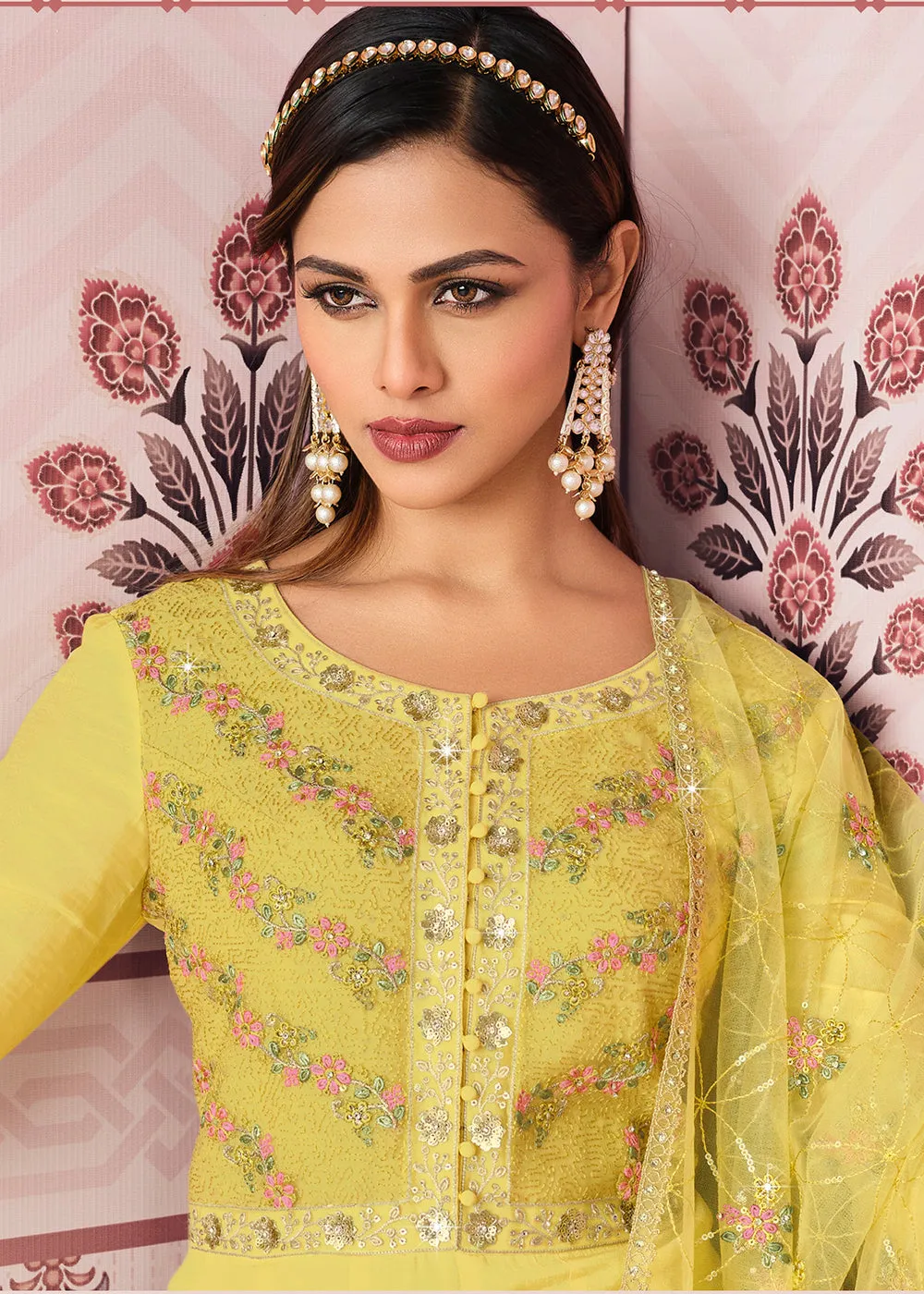 Yellow Art Silk Fabric Indian Embroidered Anarkali Suit