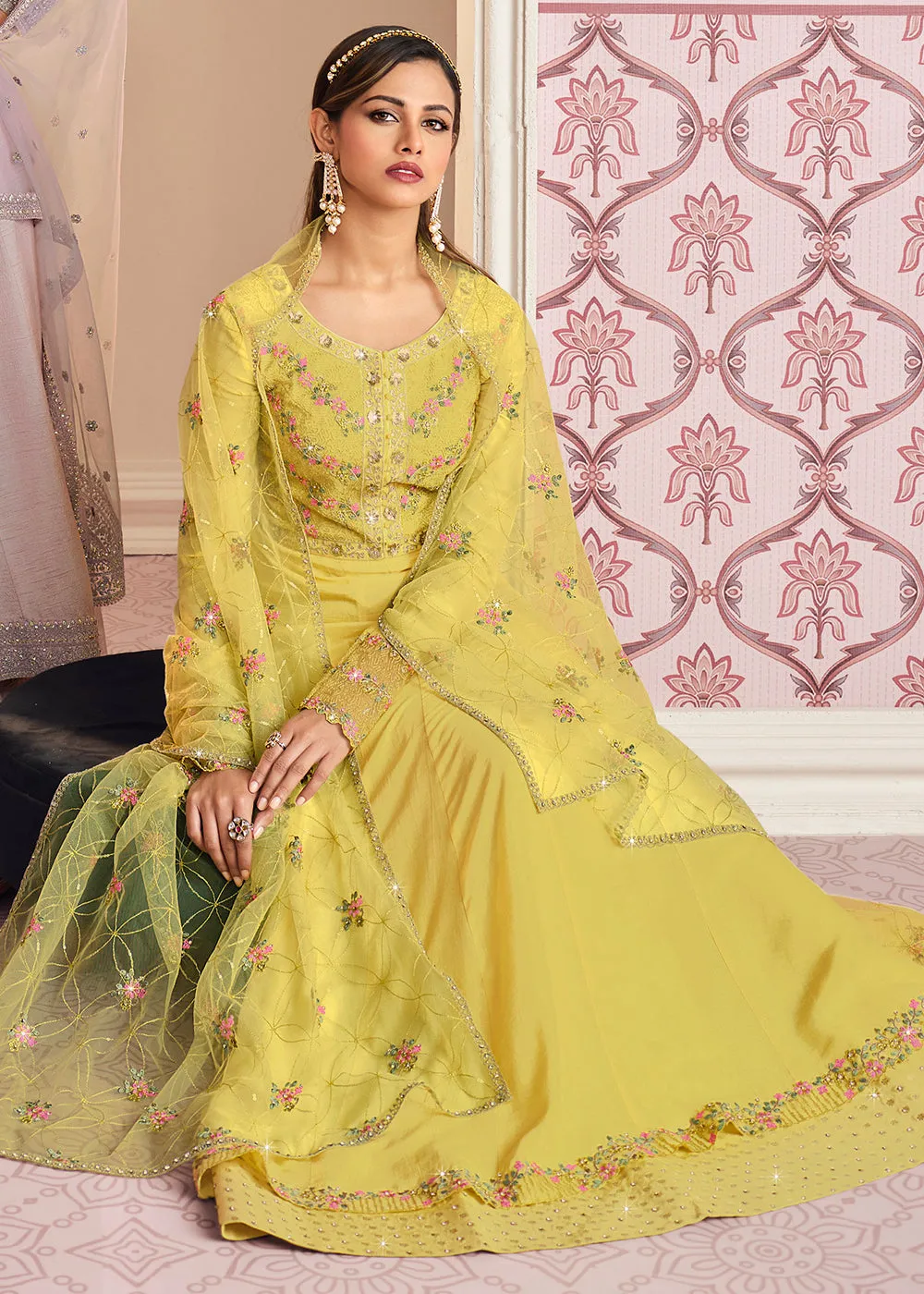 Yellow Art Silk Fabric Indian Embroidered Anarkali Suit